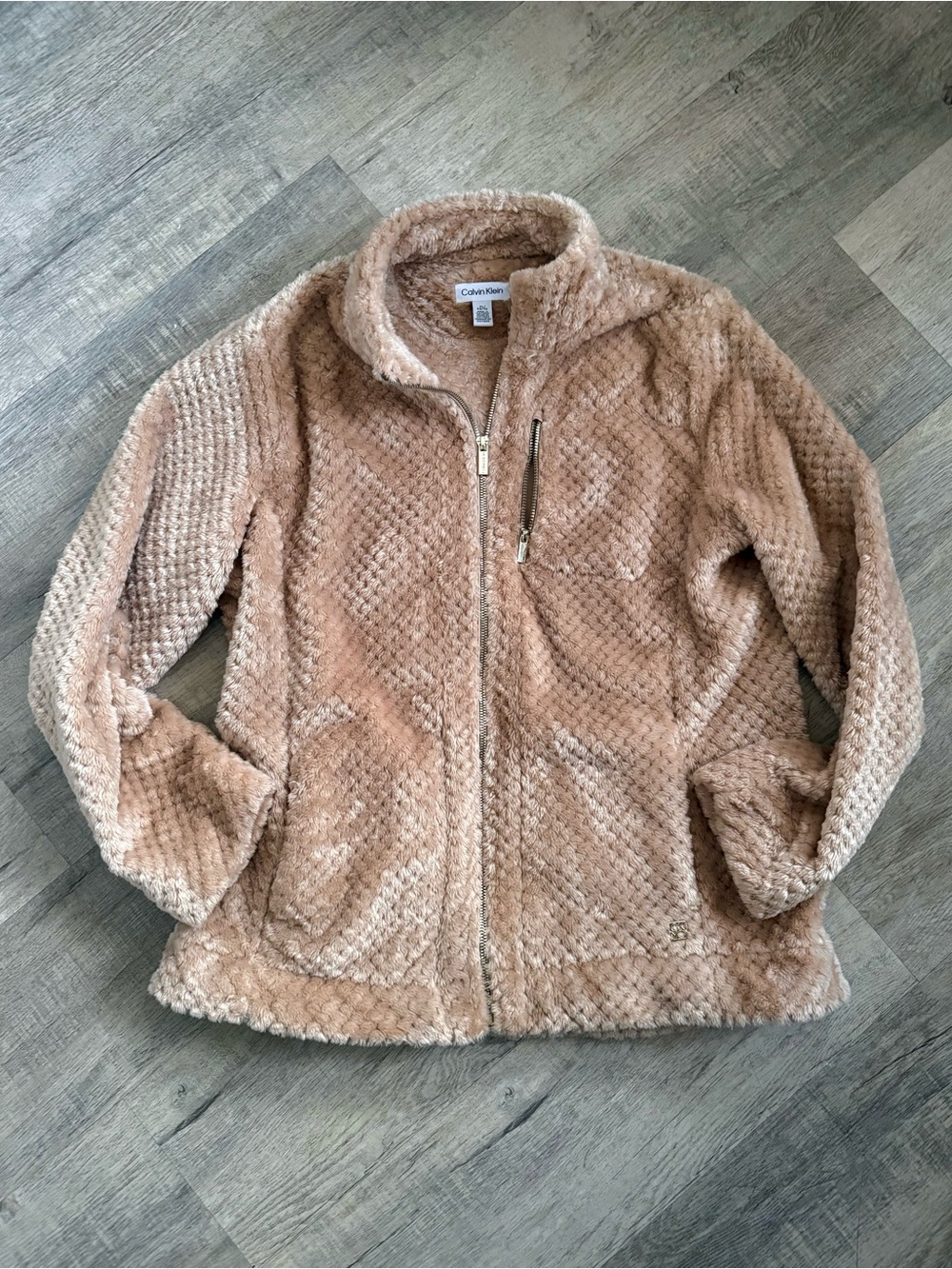 Calvin Klein Women's Cozy Plush Zip Jacket in Light Taupe Tan